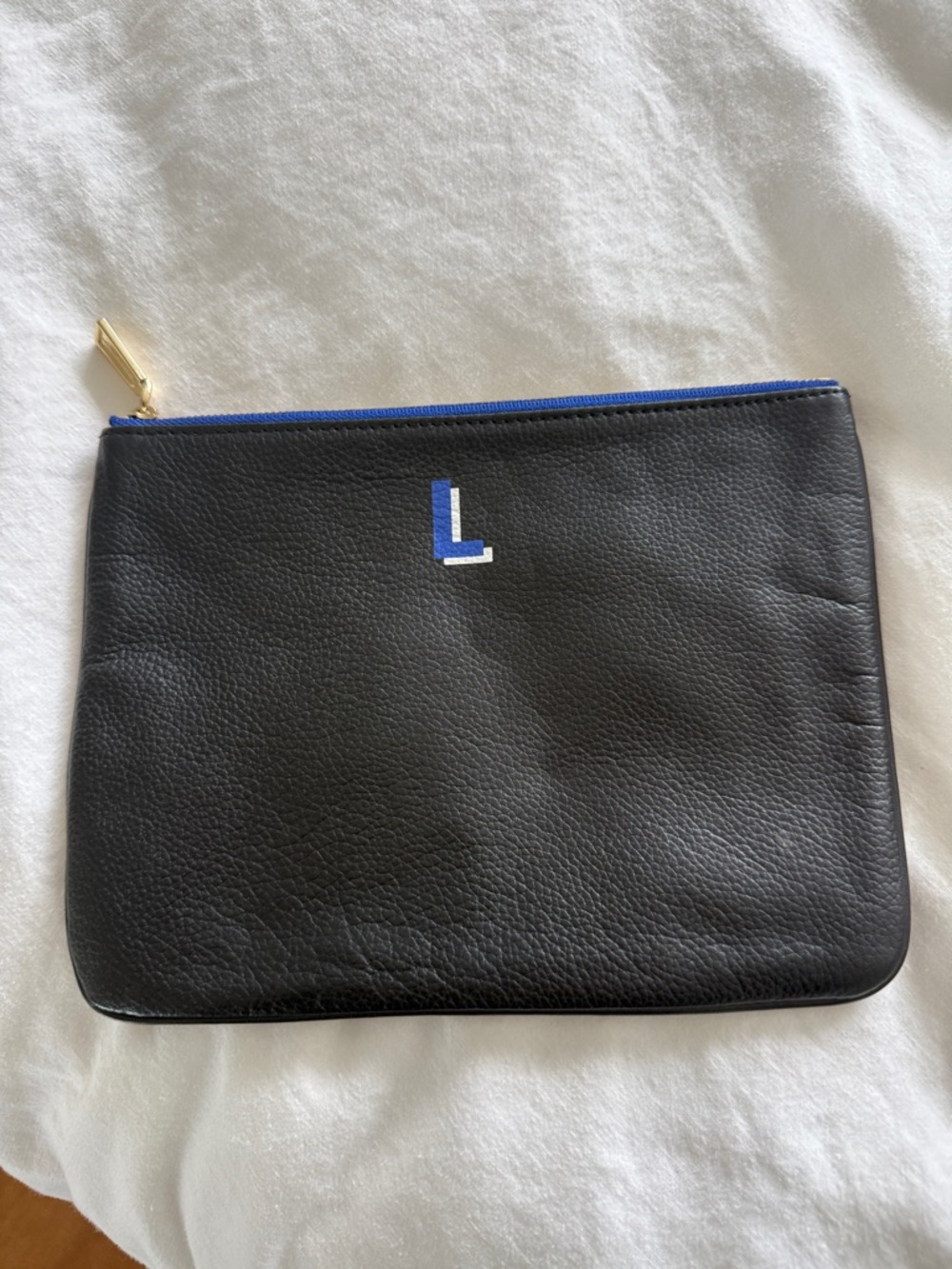 Rebecca Minkoff Black Leather Clutch with Blue Trim and L Monogram